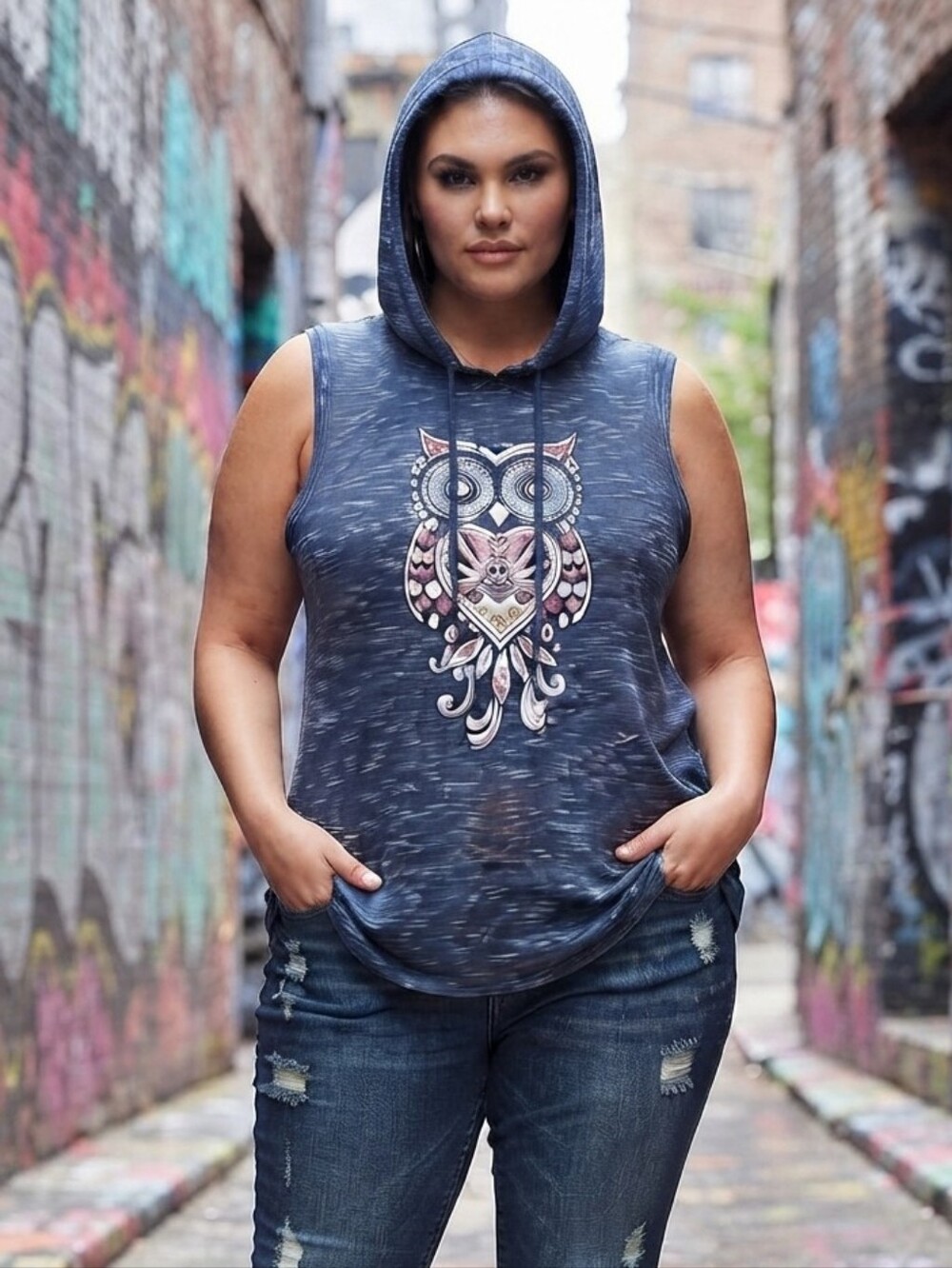 Owl Design On Sleeveless Hood Top.